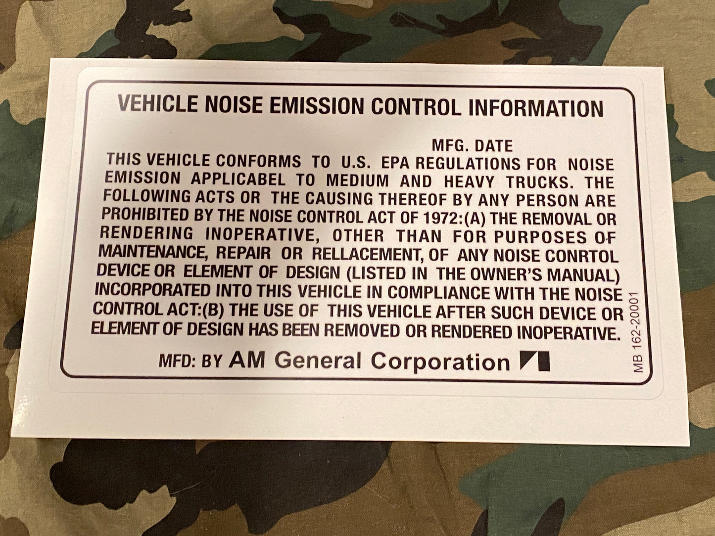 70s ERA AM GENERAL NOISE AND EMISSIONS WARNING DECAL